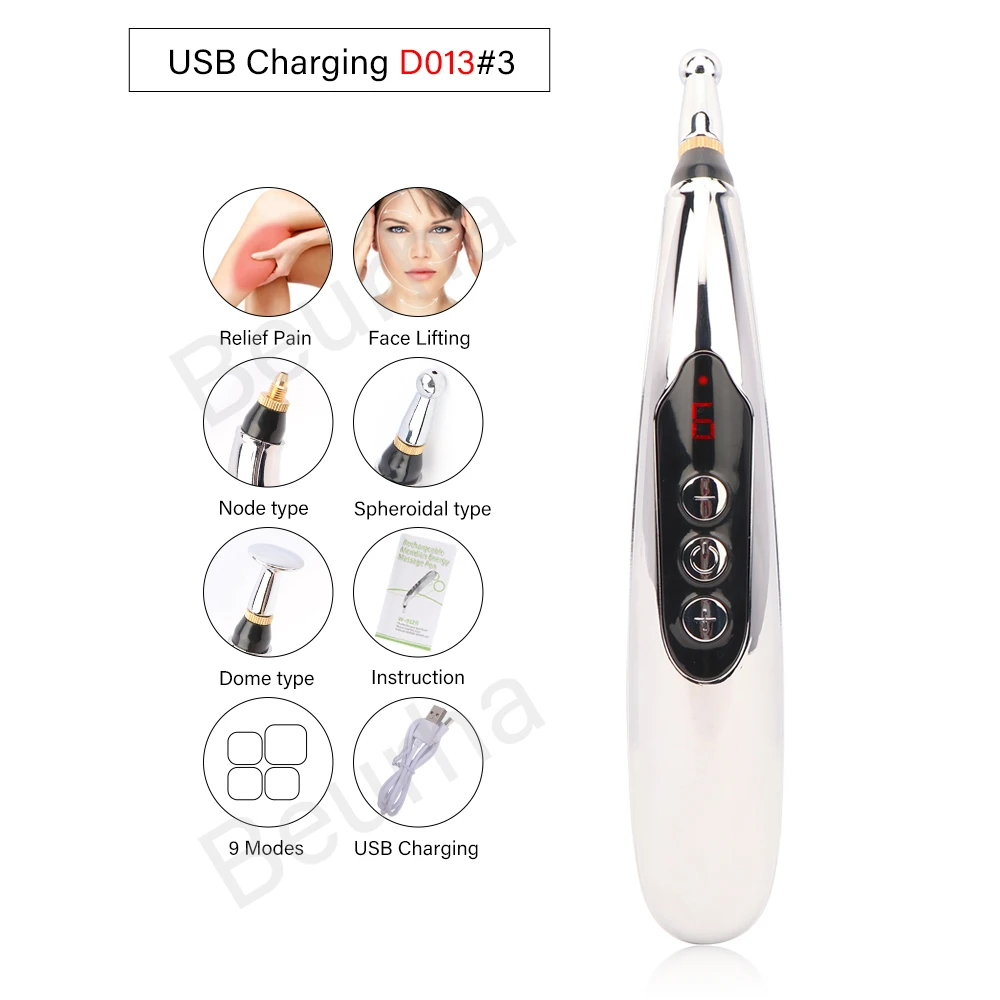 Recharging D013-3 5 головок электронная Акупунктура Массажная ручка USB перезаряжаемая Меридиан энергетическая ручка Лазерная импульсная терапия облегчение боли подтяжка лица - Цвет: Recharging D013-3
