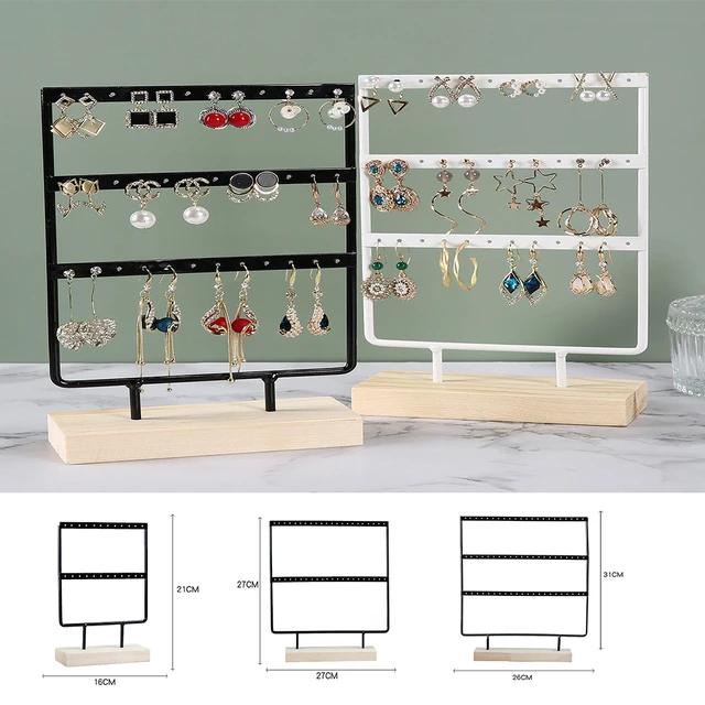 Soporte para aretes de 3 niveles, organizador de joyas, 144 agujeros con  bandeja de madera, soporte para árbol de aretes, soporte de exhibición de