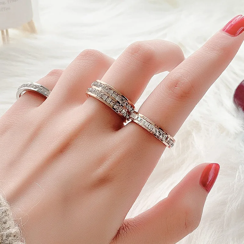 Double Crystal Woman Fashion Ring Rose Gold Filled Titanium Steel Rings for Women Finger Rings Fashion Rings Fashion Ring Crystal Rings Metal Rings Titanium Steel Rings
