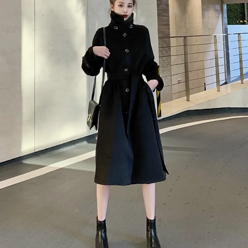 Gaganight Fashion Elegant Women Blends Korean Long Coat Hepburn Style Solid Winter Coats With Belt Winter Warm Thick Outwear