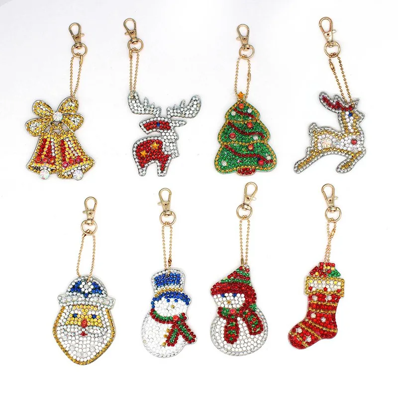 

8Pcs Christmas DIY Diamond Painting Keychain Cross Stitch Keyrings for Bag with Diamonds Santa Claus Deer Snowman Home Decor