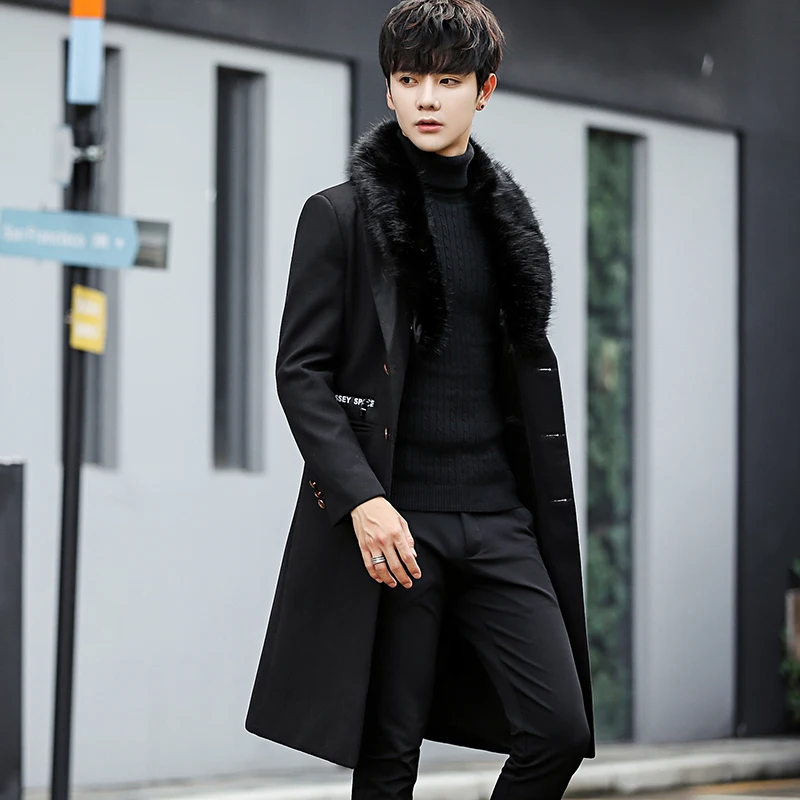 2020 Men New Winter Woolen Fur Collar Long Coat Warm Outwear Slim Coat Men Long Winter Trench Coat chaqueta invierno hombre 2020 Men New Winter Woolen Fur Collar Long Coat Warm Outwear Slim Coat Men Long Winter Trench Coat chaqueta invierno hombre