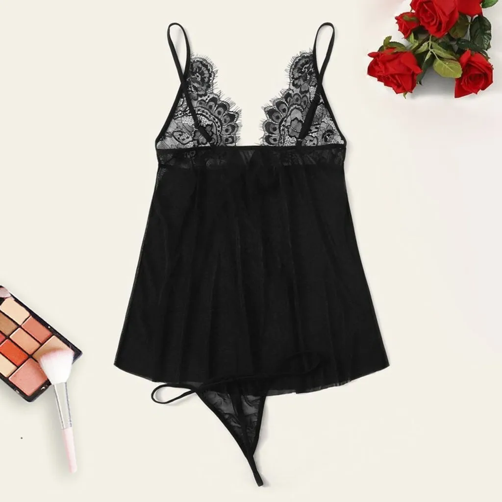 Women Plus Size Lace V-Neck Backless Nightdress Lingerie Set Underwear S-3XL camisola sexy Seksi Bayan Gecelikler Pijama Mujer | Женская