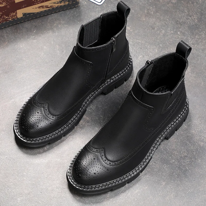 

italian designer men fashion party nightclub dress cow leather boots brogue shoes black bullock boot handsome chelsea botas male