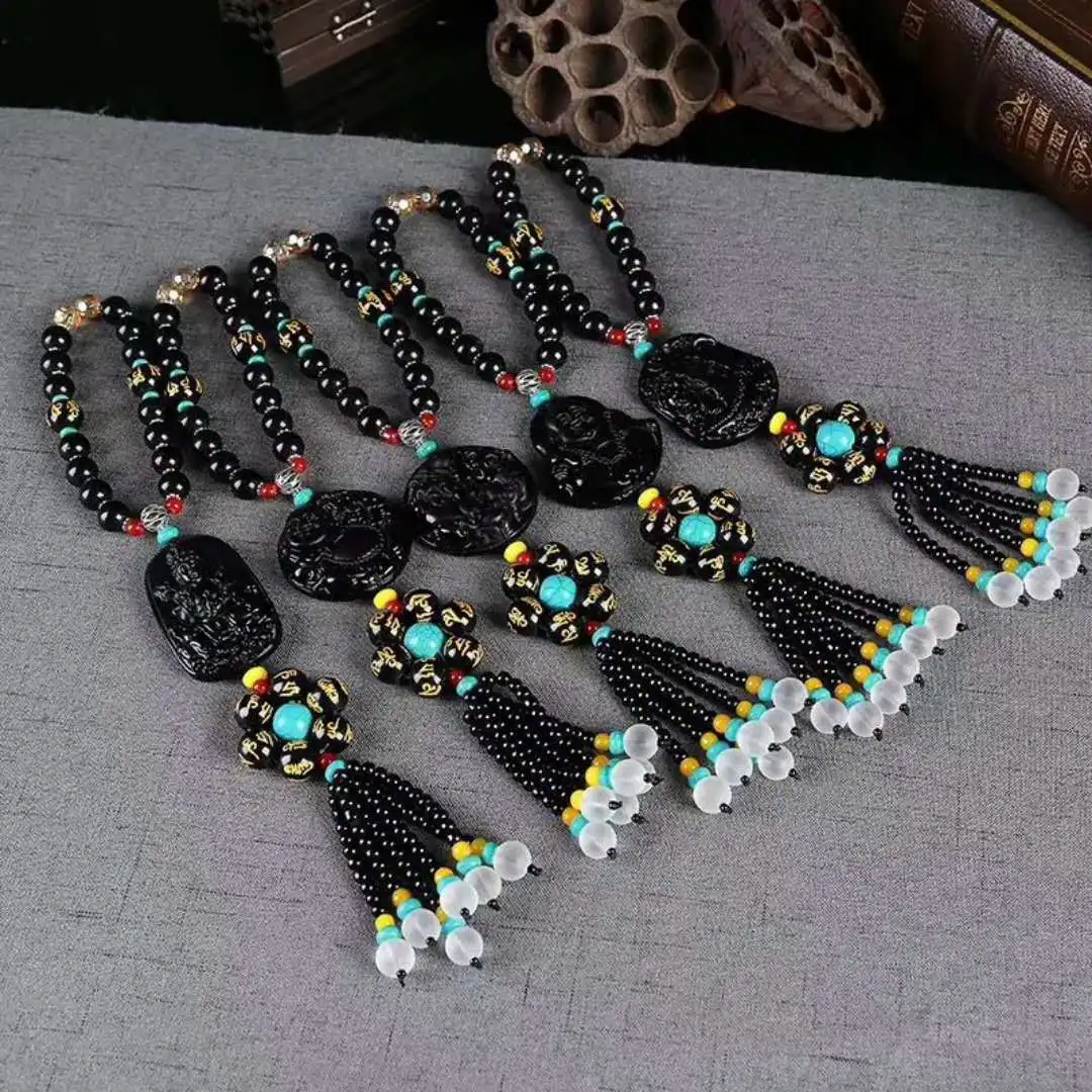 Obsidian Safeness Pendant Car Creative Pendant Obsidian Seven Buddhist Prayer Bead Car Hanging Car Interior Trim Pendant