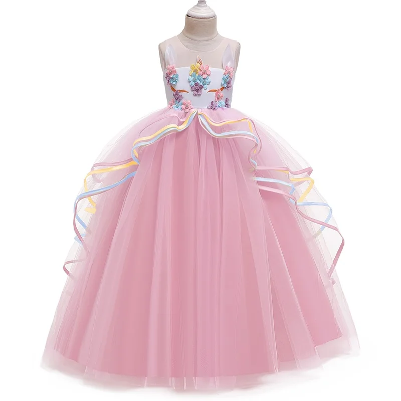 Fantasy Unicorn Dress For Girl Princess Party Dress Baby Halloween Costume Rainbow Tiered Mesh tutu Dress Kids Licorne Long Robe - Цвет: Pink