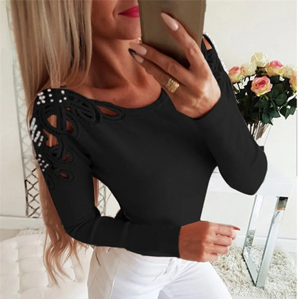 Fashion Autumn Women's Solid O-neck Pearl Slim Hollow Out Long Sleeve Female T-shirt Tops Casual Size S-2XL |
