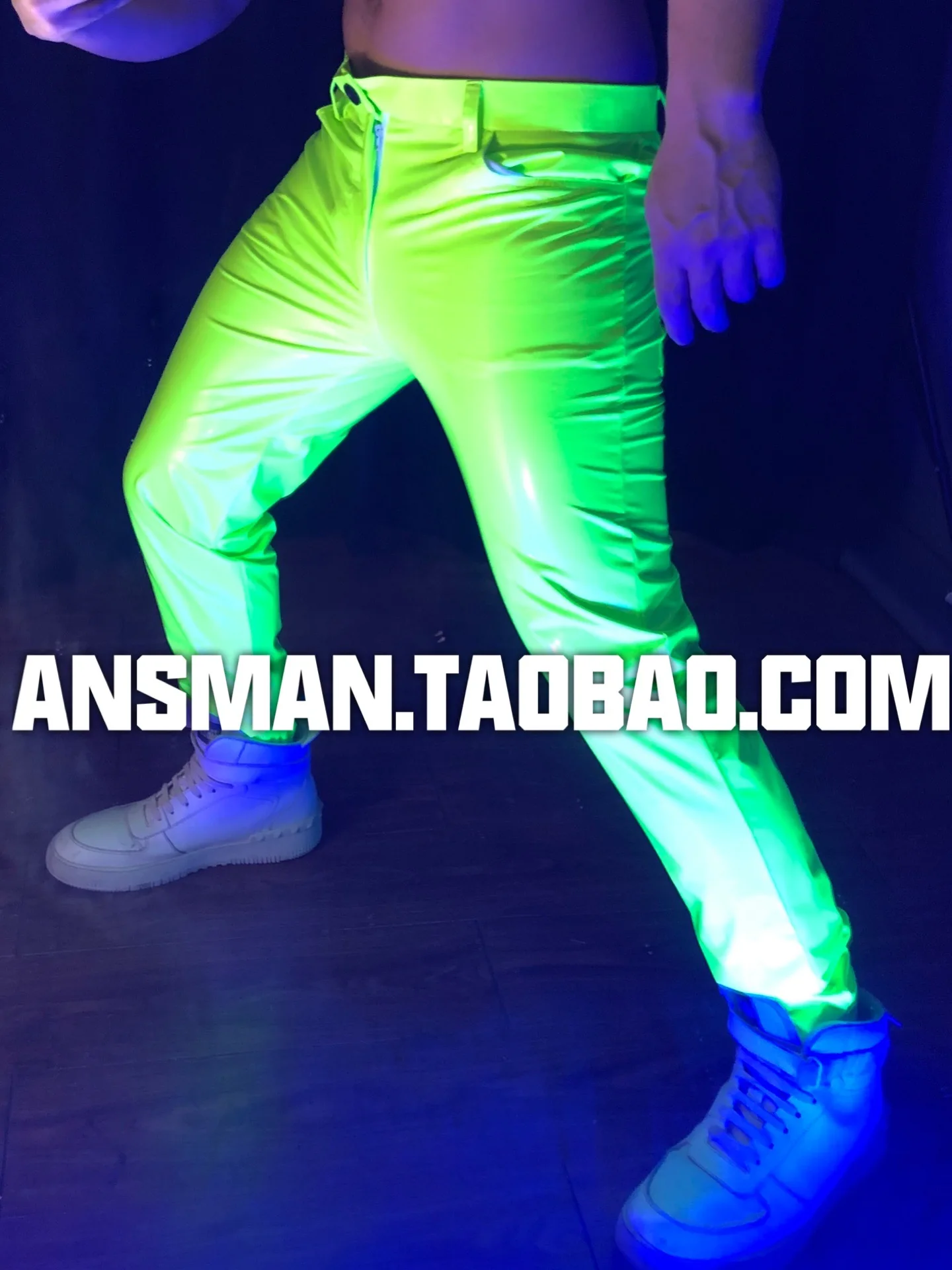 New Men Long Pants Fluorescent Green Stretch Slim Patent Leather Jogging Pants Bar Nightclub Mlae Female Singer Stage Costume