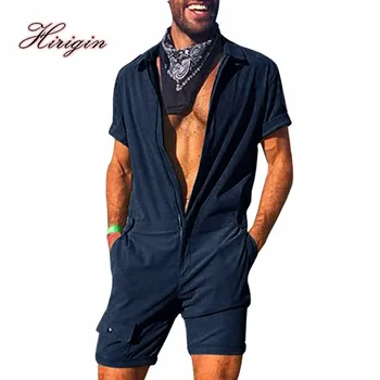 

Men’ s Jumpsuit Solid Color Turn-Down Collar Short Sleeve Jumpsuit Bodysuit for Men Black Dark Blue Army Green Summer Outfit