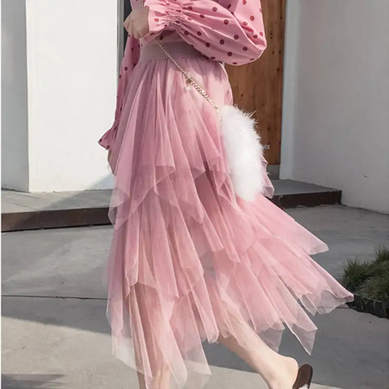 pink skirts Асимметричные сетчатые тюлевые юбки для женщин s Jupe Femme, розовая длинная юбка-пачка макси, Falda Mujer, сексуальная эластичная Женская юбка с высокой талией, C6055 - Цвет: pink skirts