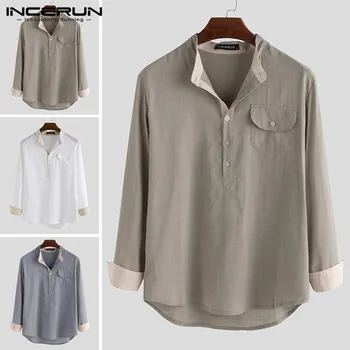 

INCERUN Autumn Men Casual Shirt Cotton Stand Collar Patchwork Long Sleeve Button Brand Leisure Camisa Street Pockets Shirts Men