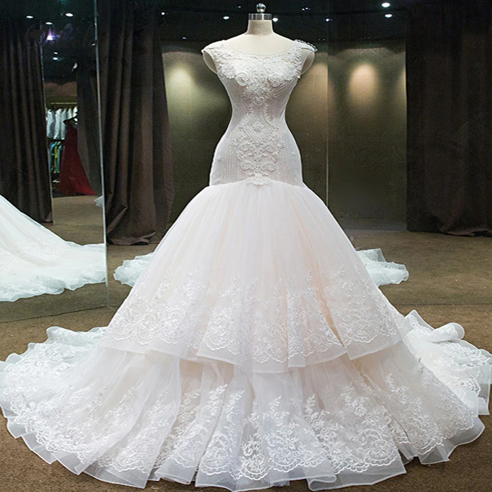 Optcely Vestido de Noiva Новое поступление круглый вырез Русалка без рукавов Зал Свадебные платья старинные аппликации бисером Индивидуальные