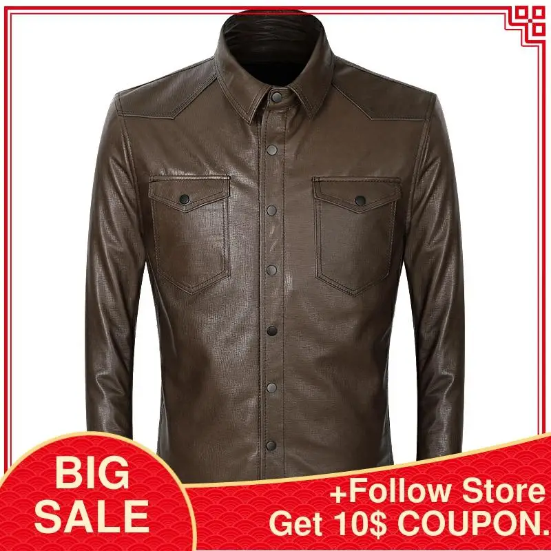 

2020 Dark Brown Casual Style Genuine Leather Shirt Men Plus Size 5XL Real Thin Sheepskin Spring Slim Fit Leather Coat