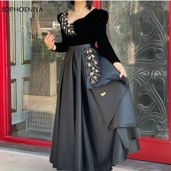 

New Arrival Satin V Neck Long Sleeve Evening Dresses 2020 Velvet Black Evening Gowns Formelle Robes Avondjurken
