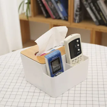 

Plastic Napkins Tissue Box with Bamboo Wooden Cover Phone Remote Control Storage Rack Facial Tissue Holder Container Organizer
