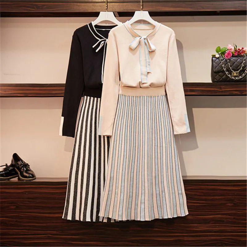 

XL-4XL High Quality Women Neckline Bow Knit Pullovers+Shiny Striped Pleated Fold Skirt 2 Piece Set OL Women Fashion Sweater Set