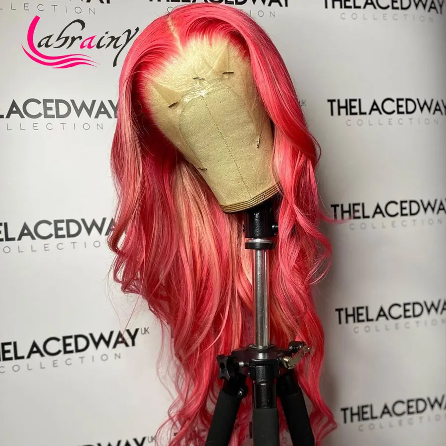 

HD Transparent Pink Human Hair Wig Colored Straight Highlight Blonde Pre Pluck Lace Front Wigs Lace Frontal Wig Bleached Knots