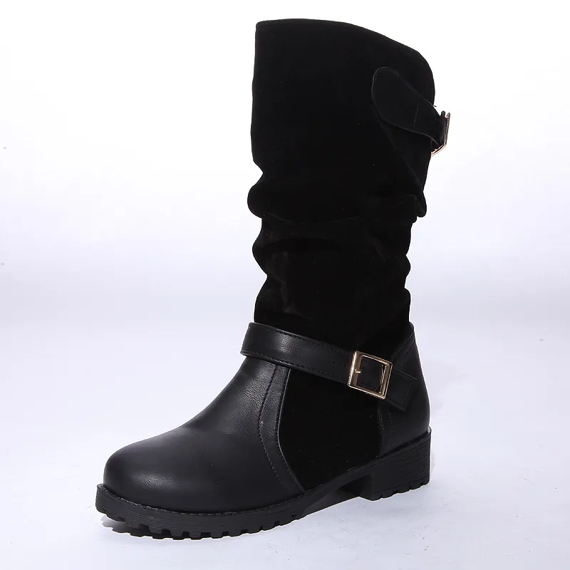 Black MEMUNIA new arrival mid calf boots women flock+pu buckle low heels casual shoes comfortable autumn winter boots female - Color: Black