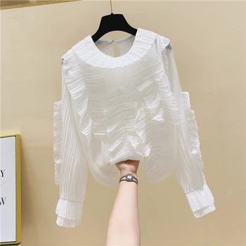 

Pleated Peter Pan Collar Ruffle White Solid Full Pullover Shirt Women's Fall 2020 New Loose Blouse