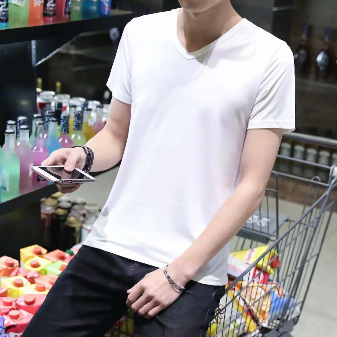 

2019 New Style Short Sleeve T-shirt Men'S Wear Korean-style V-neck Summer Tops Slim Fit Color Men Base Shirt Half Sleeve T-shirt
