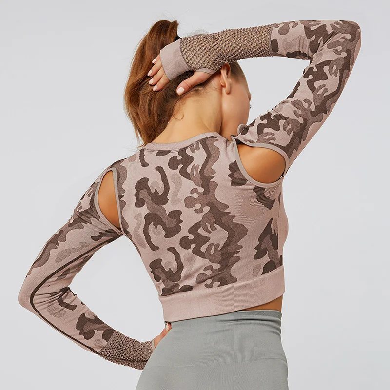 NRAHBSQT Новые камуфляжные топы для йоги, бесшовные обтягивающие топы для йоги с длинным рукавом, укороченный топ для спортзала, одежда для фитнеса, женские сетчатые топы Спортивные YS164