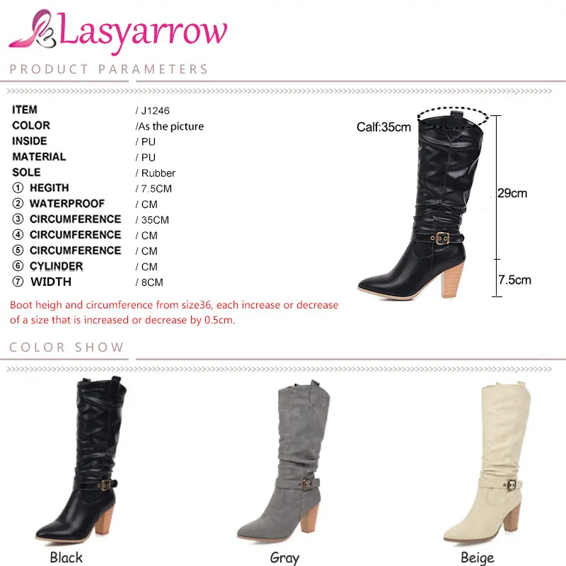 Lasyarrow/; Лидер продаж; модные ботинки до середины икры из мягкой кожи; зимняя обувь на высоком толстом каблуке с острым носком и пряжкой; 3 цвета; женские ботинки