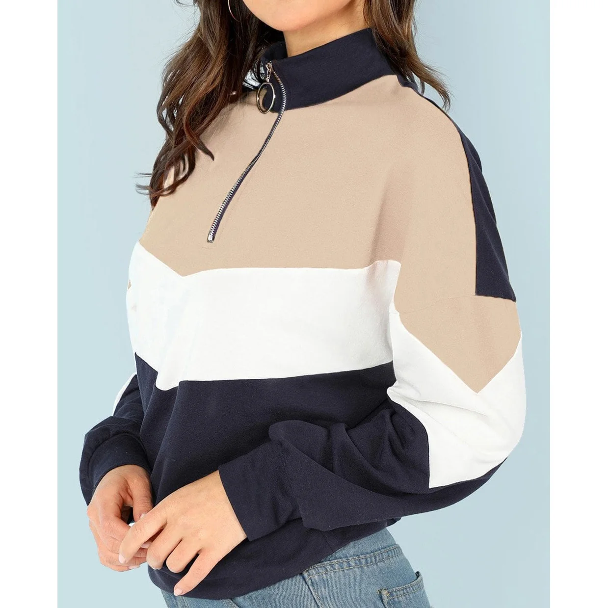 

Joineles Zipper Half-High Collar Multi-Color Stitching Women Sweatshirts 2019 Autumn Female Casual Pullovers Streetwear Tops