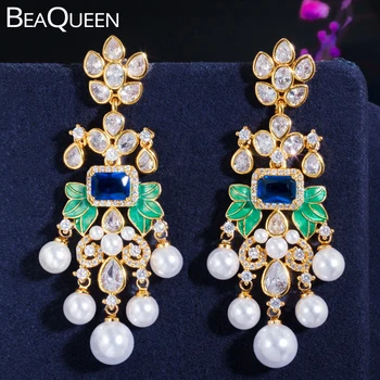 

BeaQueen Stunning Cubic Zirconia Stones Paved Blue Crystal Long Dangle Drop Bridal Pearl Chandelier Earrings for Wedding E353