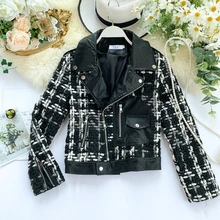 [EWQ] Демисезонный высокое качество нагрудные с длинным рукавом в клетку, из ПУ кожи, в стиле пэчворк, Повседневное пальто Для женщин модная куртка; Femals AH47001XL