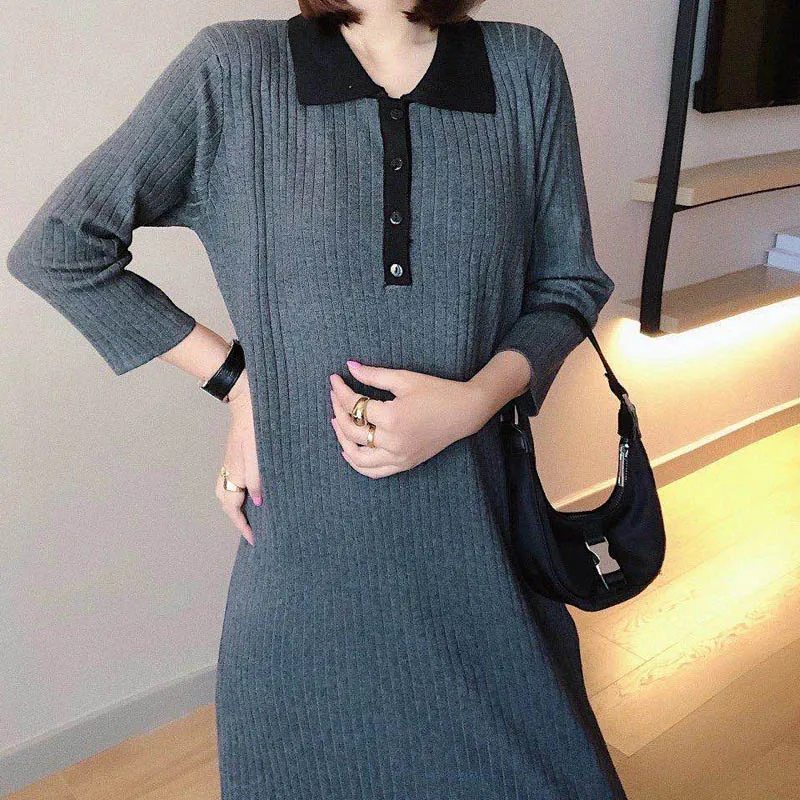 Women Oversized Strentch Knitted dress Office Lady  Autumn solid Trun down collar Sweater Dress Female Winter knee Length dress