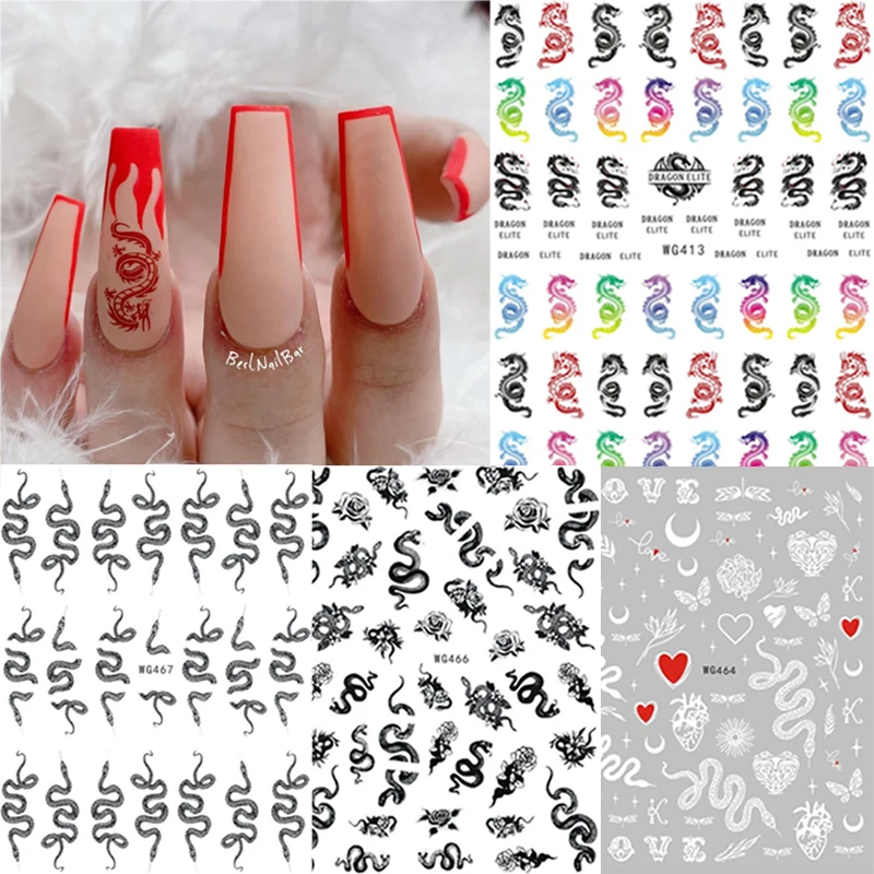 

1pcs Snake Dragon Nail Art Stickers Red Black 3D Water Decals Transfer Sliders Nails Decorations Wraps Manicure DIY Tips
