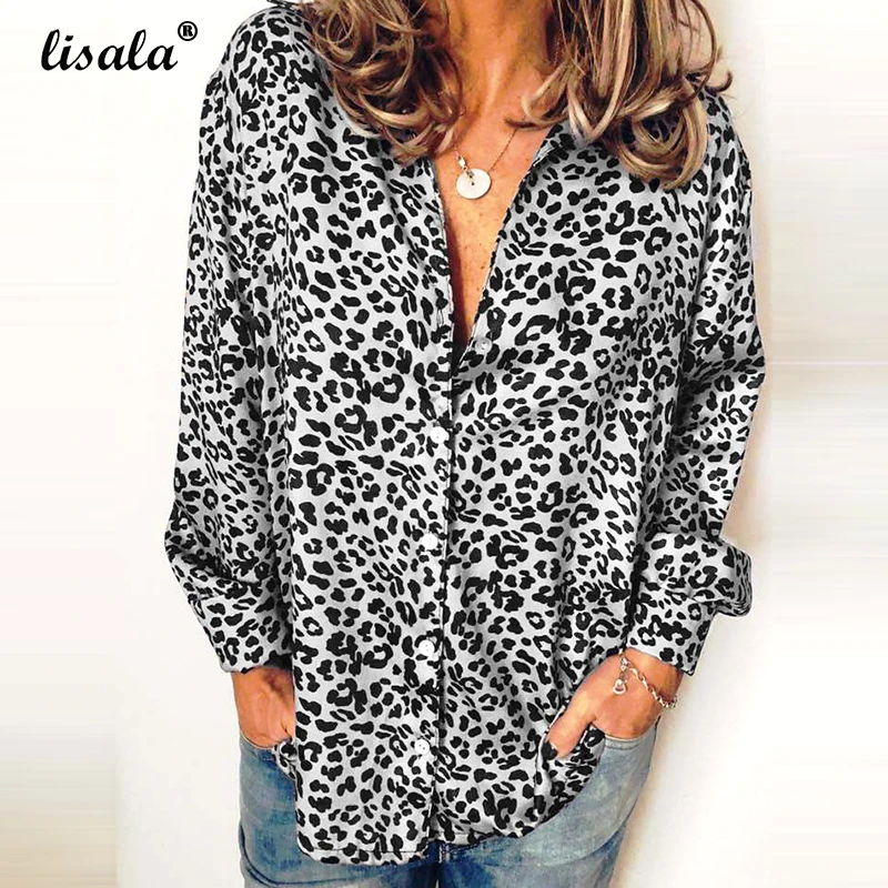 

LISALA Plus Size V-Neck Leopard Print Turn-down Collar Blouse Women 2019 Long Sleeve Top Blouses