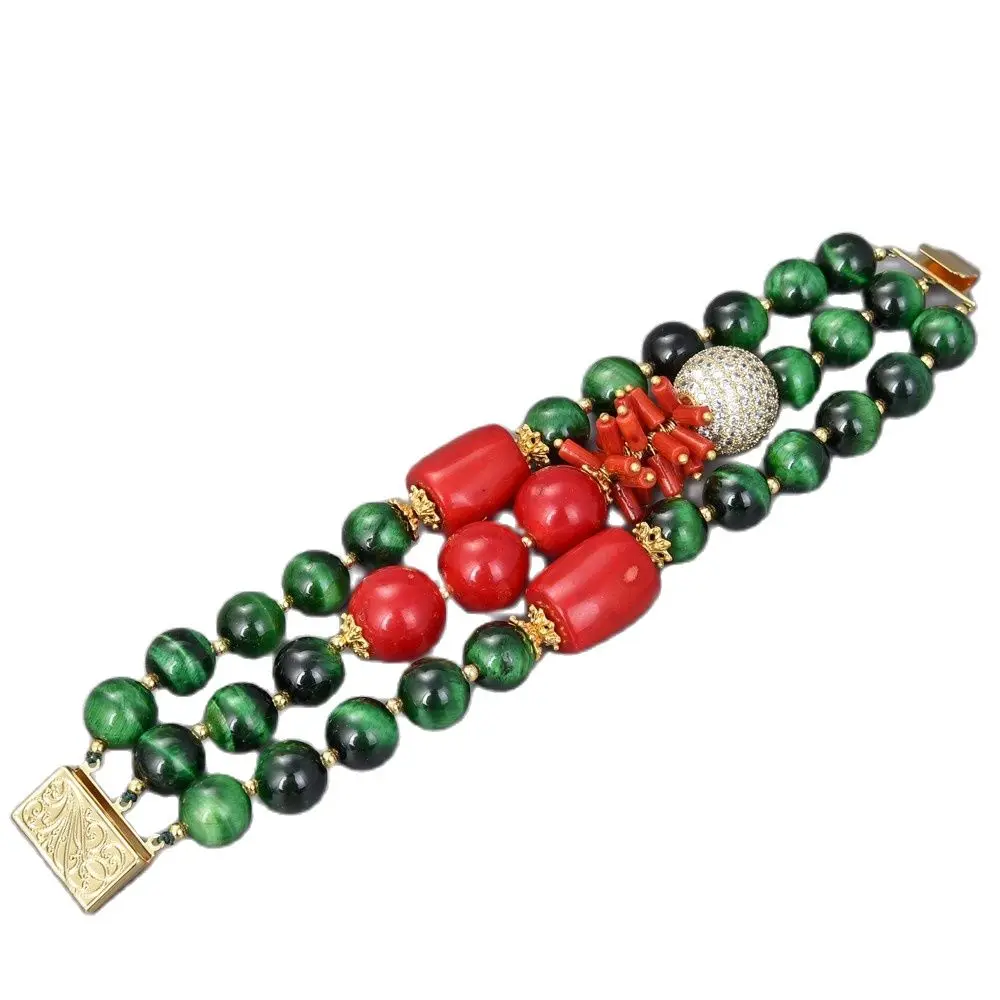 

GG Jewelry 8" 3 Strands Green Tigers eye Red Coral Red Shell Cz pave beads Bracelet