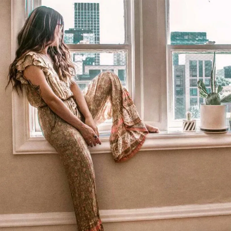 Повседневные Комбинезоны без рукавов свободные длинные брюки Boho Ползунки с цветами v-образным вырезом Ретро Женские повседневные Комбинезоны