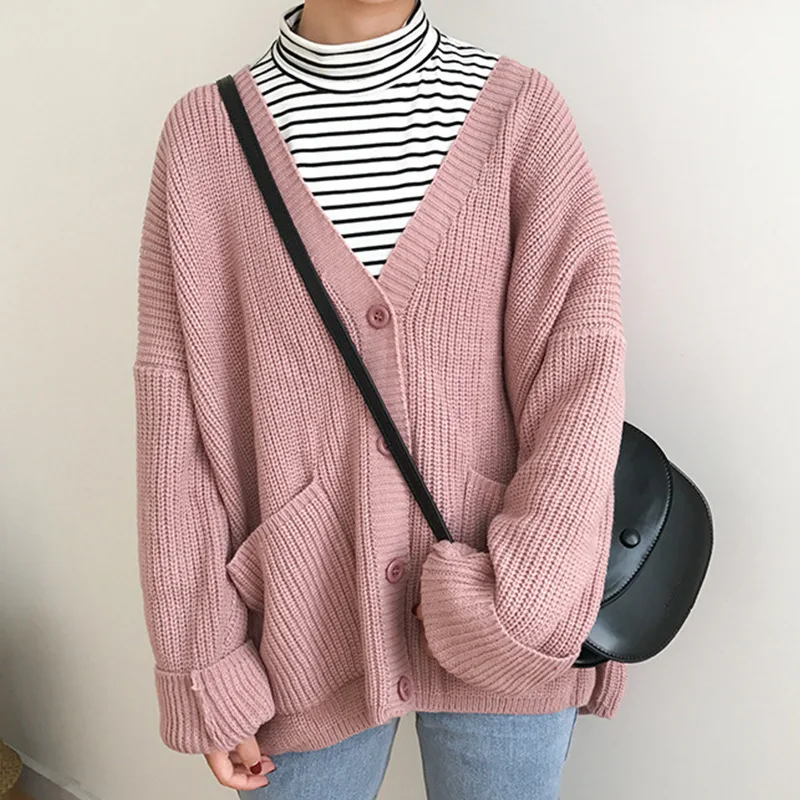 

Women Autumn Solid Color Cardigans Sweater Korean Harajuku V Neck Single Breasted Loose Knitted Top Female Chic Batwing Clothes