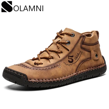 

Retro Leather Boots Mens Casual Shoes Comfortable Waterproof Ankle Boots Male Anti-Slip Winter Warm Fur Boots Big Size Flat Shoe