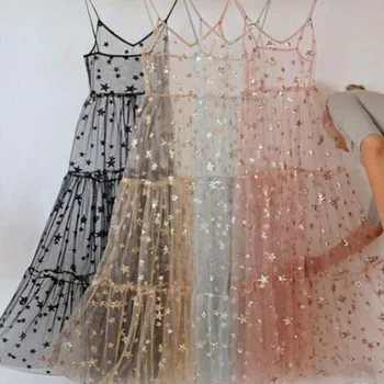 

Womens Lace Mesh Spaghetti Straps See Through Cover Sexy See Through Baggy Ladies Stars Beach Bling Bling Long Dress