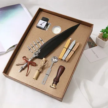 

Black Feather Pen Luxury Calligraphy Fountain Pen Gift Box Set Retro Quill Pen Dip ink Writing Pens Office Supplies 5Nib