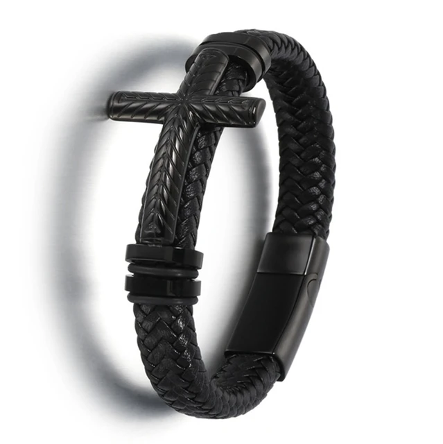 Classic Black Leather Wrap Bracelet for Men Metal Magnetic Clasp Fashion Bangle Bracelet Birthday Gift A14807-Black-23cm