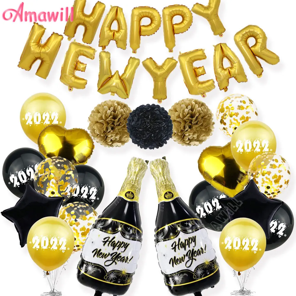 

Happy New Year 2022 Balloons Champagne Wine Bottle Home Decor Confetti Balloon Pompoms New Year Eve Christmas Party Decorations