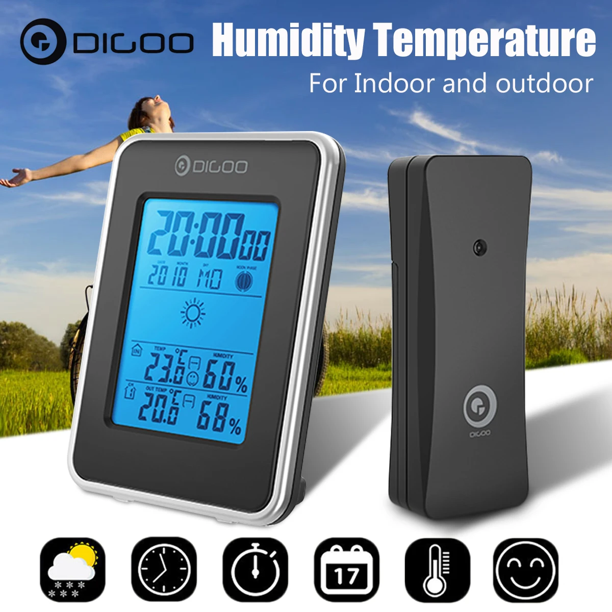 

Digoo DG-TH1981 LCD Digital Weather Station + Wireless Outdoor Forecast Sensor Hygrometer Thermometer Clock Blue Backlit