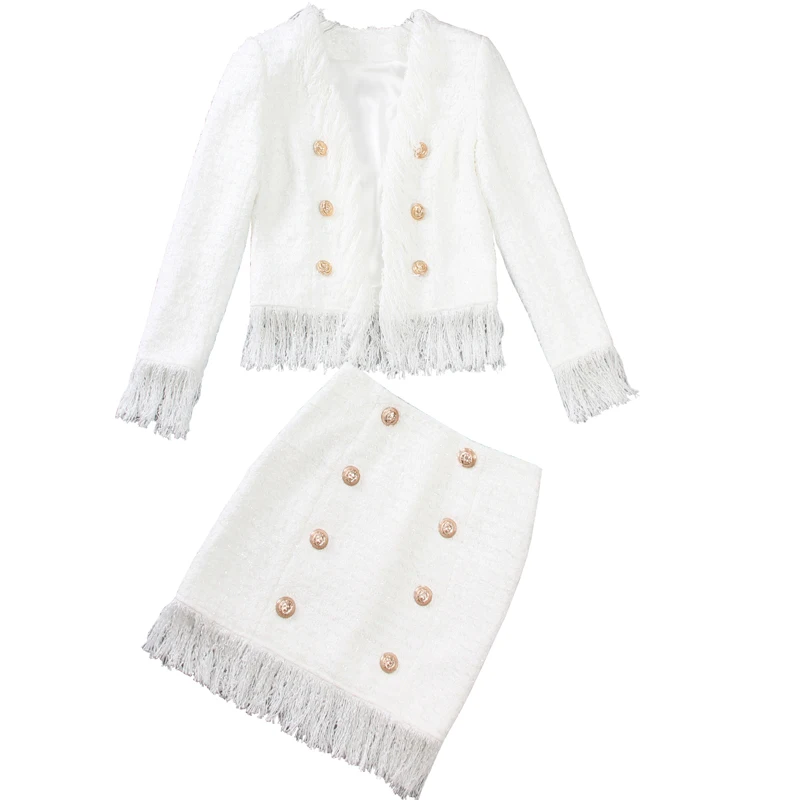 HarleyFashion элегантные женские европейские американские осенние весенние белые двойные комплекты короткие куртки прямая юбка с кисточками тонкая юбка костюмы
