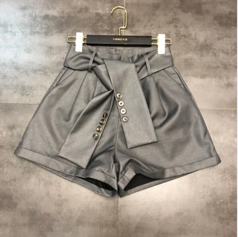 Fall New Button Design Belt High Waist Women Shorts Solid Color Female Wide Leg Shorts