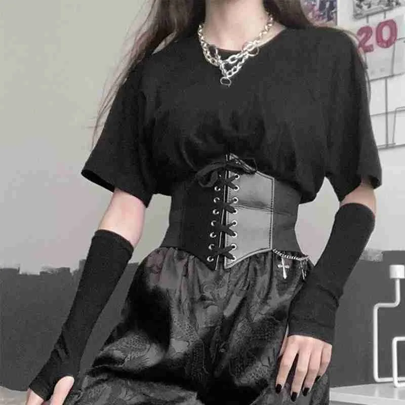 

Imitation Leather Black Waist Seal Dress Decorated Girdle Gothic Dark Lace Up Crop Top Harness Bustier Tops Slim