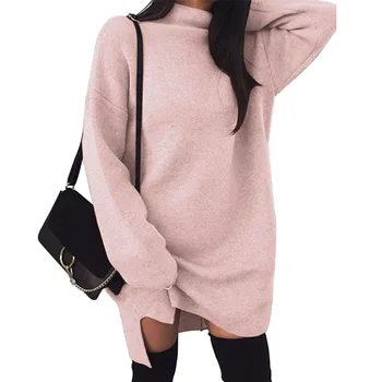 

Women Pullover Sweater Warm Slit Hem Soft All Match Autumn Winter Knee Length Casual