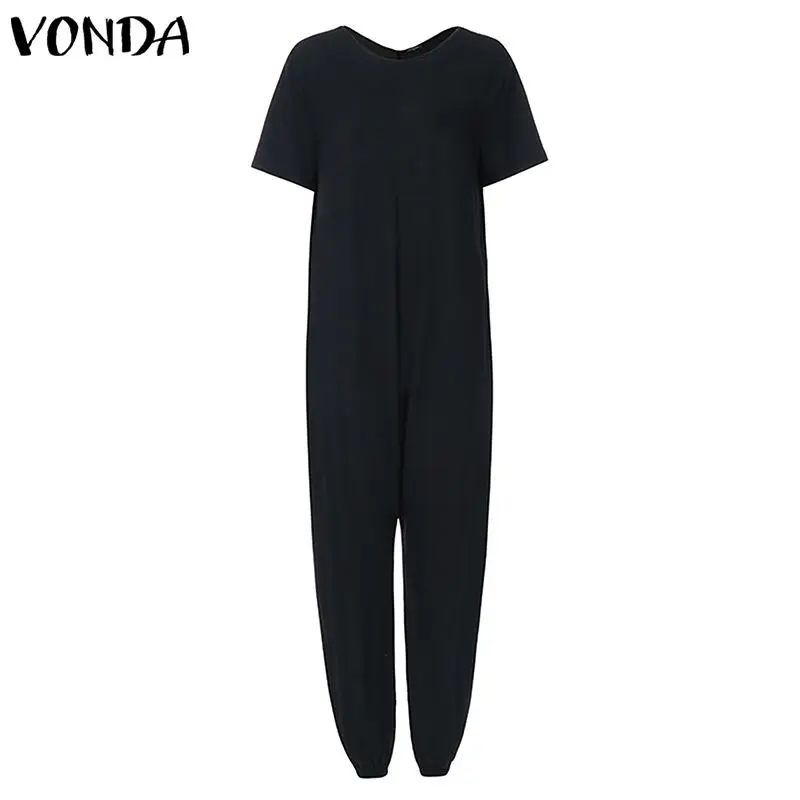 VONDA, женские комбинезоны, комбинезоны, женские комбинезоны, одноцветные, повседневные, свободные, с коротким рукавом, комбинезоны, широкие штаны размера плюс, Pantalon - Цвет: Черный