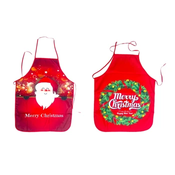 

New-2 Pcs Christmas Apron Printing Christmas Wreath Santa Claus Aprons Big Pocket Kitchen Baking Cooking Bib Xmas Party Ornament