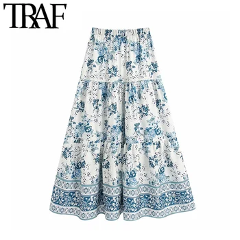 

TRAF Women Elegant Fashion Floral Print Loose Midi Skirt Vintage High Elastic Waist Female Skirts Casual Faldas Mujer