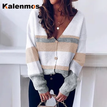 

Patchwork Cardigan Knit Sweater Women Autumn Winter KALENMOS V Neck Long Slevee Tops Loose Streetwear Harajuku Chic Sweaters