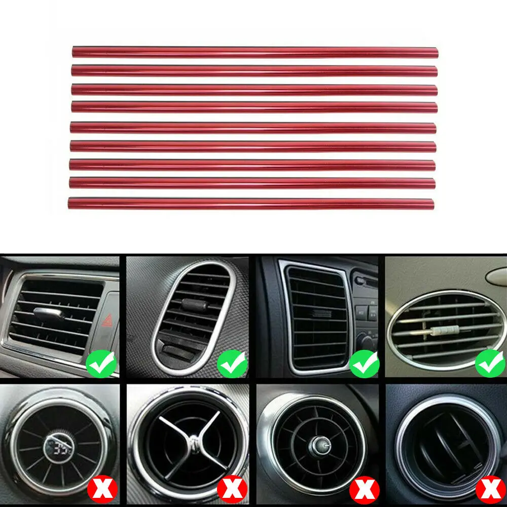 10pcs Car Styling Mouldings Air Outlet Trim Strip Auto Air Vent Grilles Rim Trim Cars Decoration Strips Colorful Car Accessories